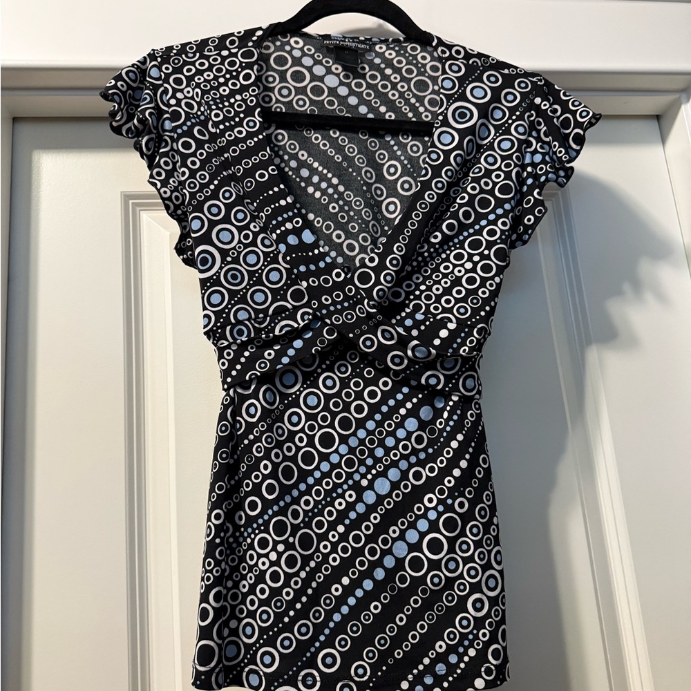 Petite Sophisticate Black, Blue and White Circle Pattern Blouse